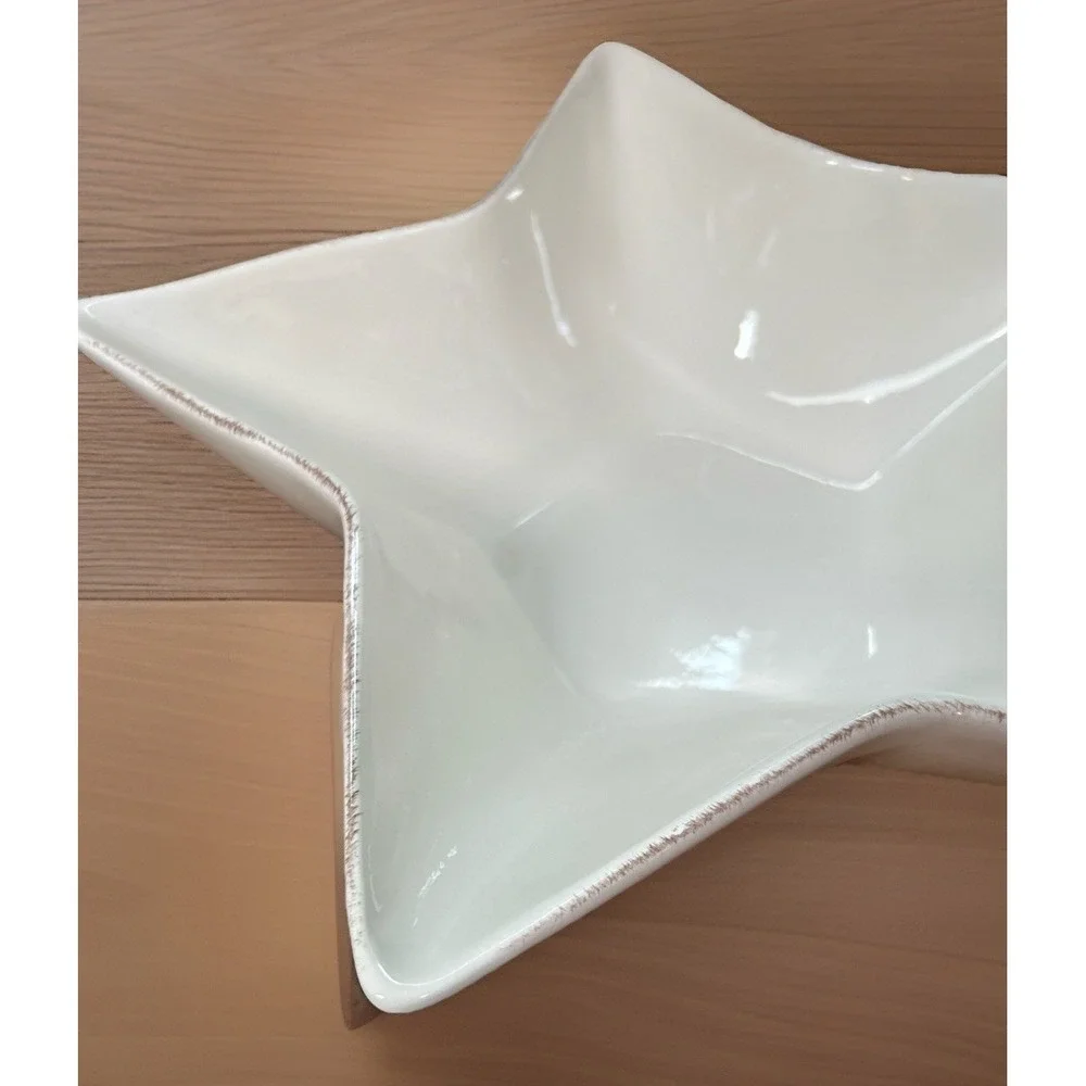 Pottery Barn Star Serving Bowl Dish White Rustic Trim Ceramic Stackable Set 2